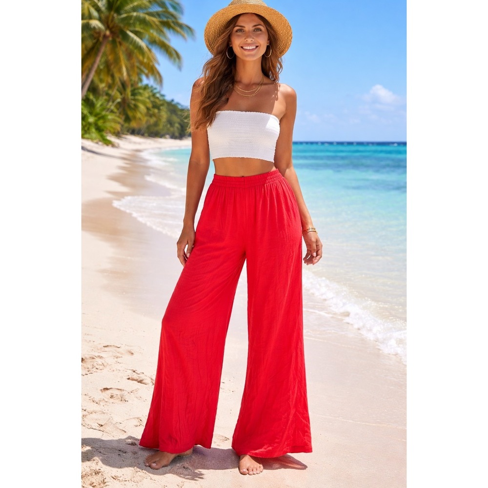 HIHO Size Large Red Wide‎ Leg Pants 100% Rayon -2632